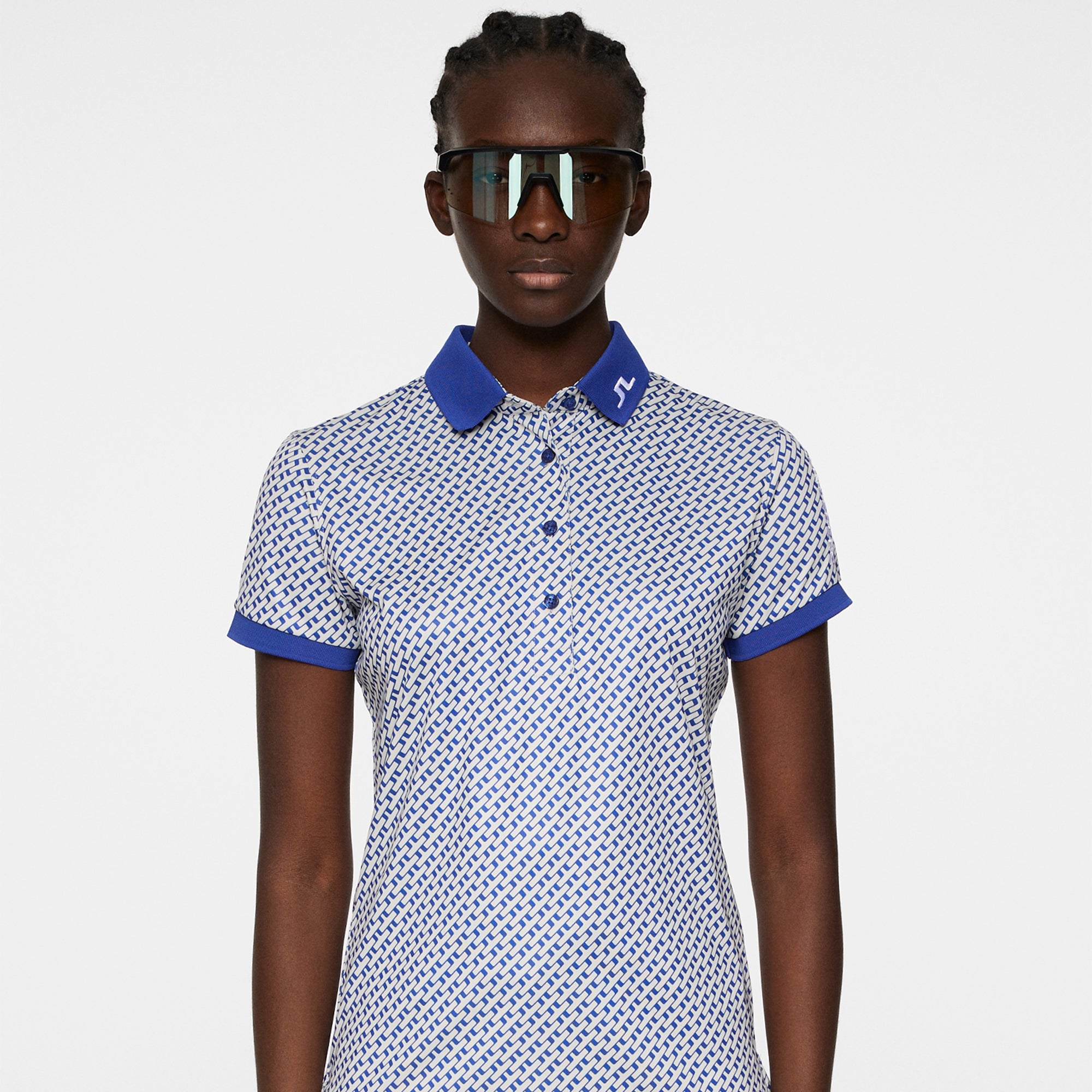 J Lindeberg Tour Tech Print Ladies Golf Polo Shirt Tour Geo Moonbeam
